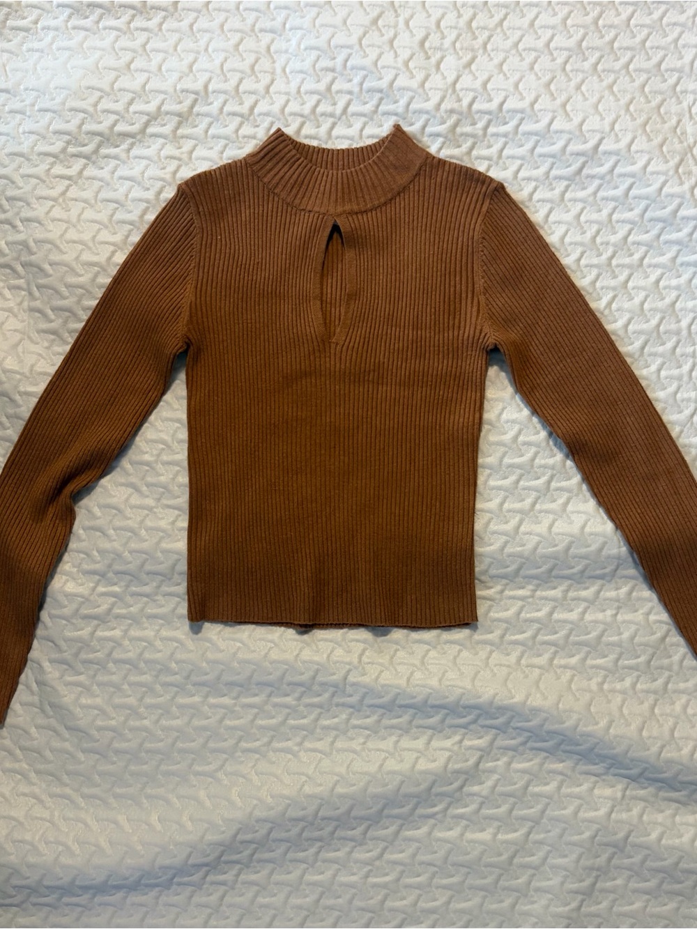 Hippie Rose Brown Ribbed Mock Neck Keyhole Long Sleeve Top